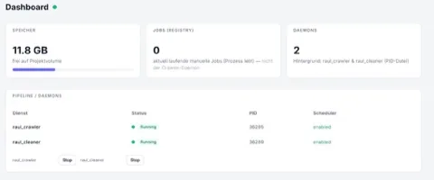 Operations dashboard: disk space, manual jobs, and crawler or cleaner daemons.