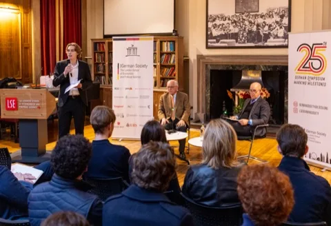 Josh de Buhr on stage with Wolfgang Ischinger at the LSE German Symposium 2026.